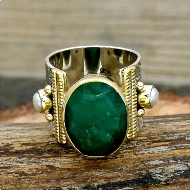 rings Indian Emerald & Pearl Ring Wide Band Flower Textured Two Tone Statement Fresh Water - by InishaCreation