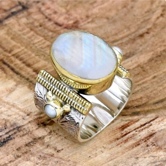 Indian Moonstone & Pearl Ring Rainbow Wide Band Flower Textured Two Tone Statement Fresh Water - by Inishacreation