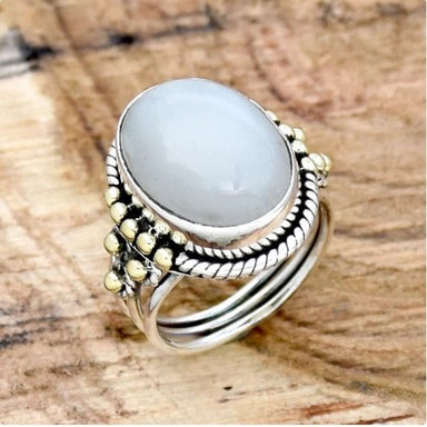 rings Indian Moonstone Ring Cabochon Rainbow Two Tone 925 Sterling Silver Three Band Oval Gemstone Handmade Jewelry Gift for Her - by 