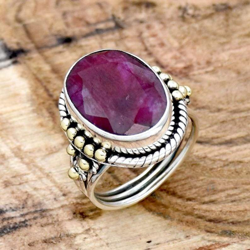 Indian Ruby Ring Faceted Two Tone 925 Sterling Silver Three Band Oval Gemstone Handmade Jewelry For Her - by InishaCreation