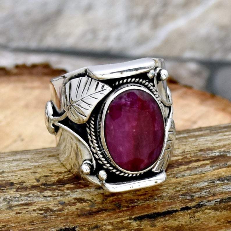 Indian Ruby Ring 925 Sterling Silver Botanical Leaf Handmade Oxidized Wide Designer Ready to Ship - by InishaCreation