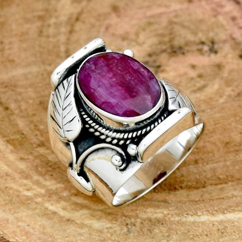 Indian Ruby Ring 925 Sterling Silver Botanical Leaf Handmade Oxidized Wide Designer Ready to Ship - by InishaCreation