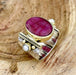 Indian Ruby & Pearl Ring Wide Band Flower Textured Two Tone Statement Fresh Water for her - by Inishacreation