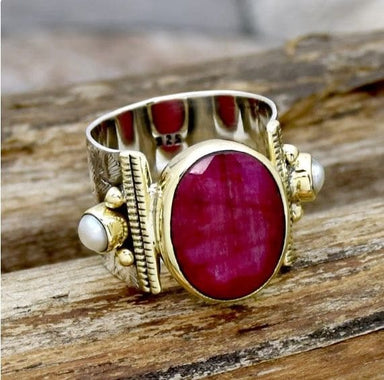 Indian Ruby & Pearl Ring Wide Band Flower Textured Two Tone Statement Fresh Water for her - by Inishacreation