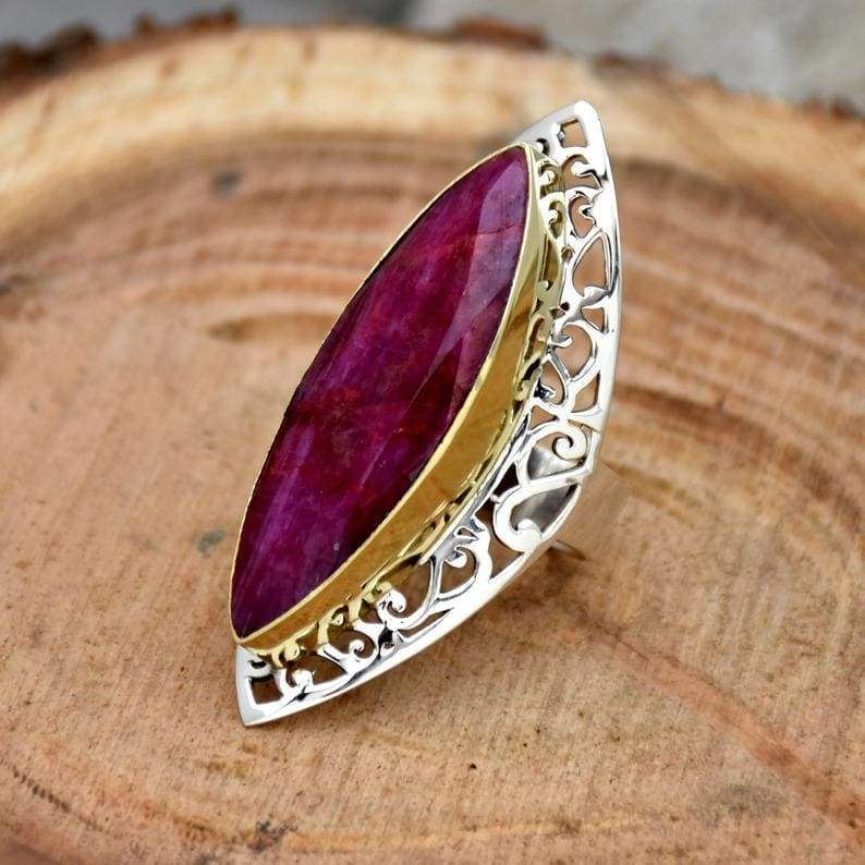 Indian Ruby Ring 925 Sterling Silver Handmade Marquise Gemstone Statement Two Tone Huge Designer - by InishaCreation