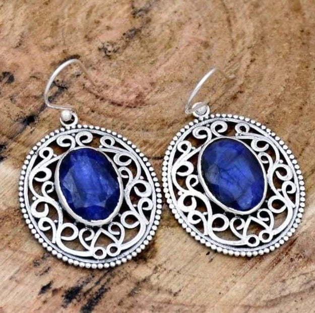 earrings Indian Sapphire 925 Sterling Silver Earrings,Oval Filigree Handmade Jewelry,Gift For Her - by InishaCreation
