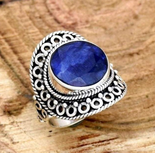 rings Indian Sapphire 925 Sterling Silver Ring Handmade Filigree Jewelry,Gift For Her - by InishaCreation