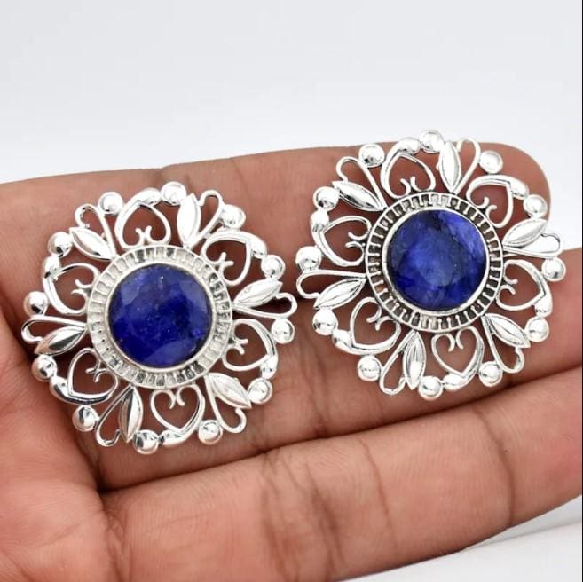 earrings Indian Sapphire Stud 925 Sterling Silver Earrings,Fine Handmade Jewelry For Girls - by InishaCreation