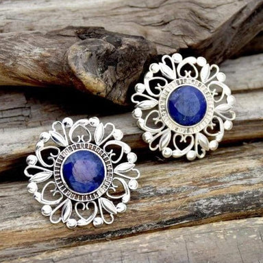 earrings Indian Sapphire Stud 925 Sterling Silver Earrings,Fine Handmade Jewelry For Girls - by InishaCreation