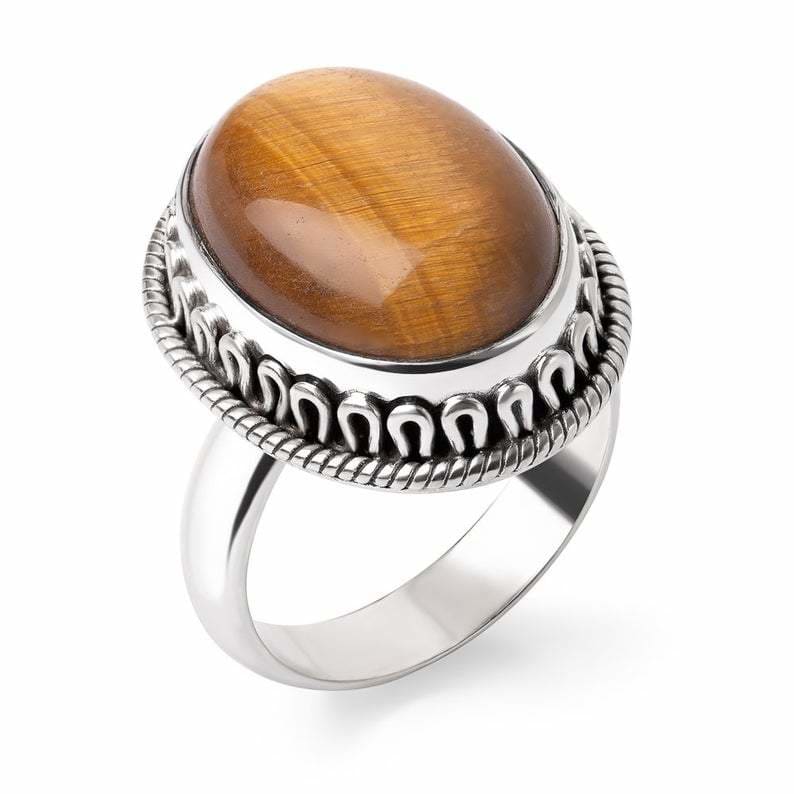 rings Indian Sterling Silver and Tiger’s Eye Cocktail Ring Balmy Evening Christmas Gift for Her - by InishaCreation