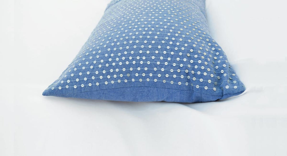 Indigo Pillow Stone Washed Cotton Cover Silver Sequin Bohemian Size 16x16 - By Vliving