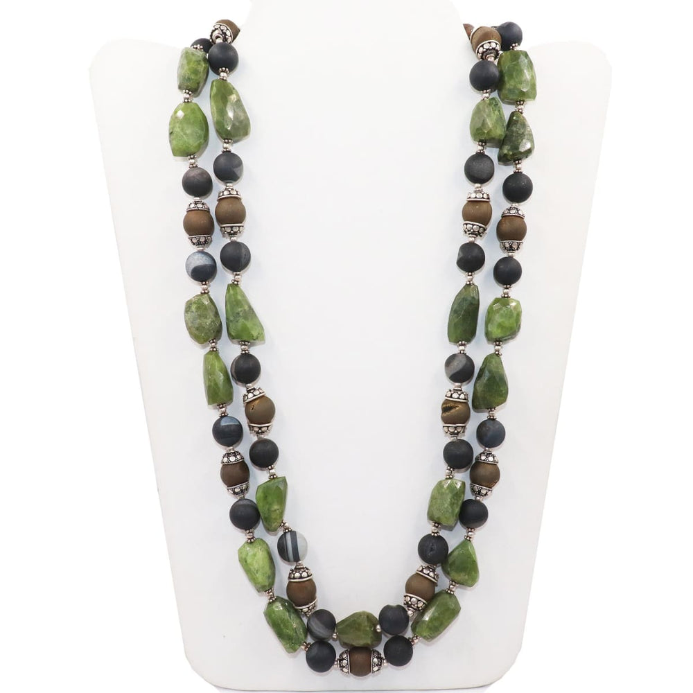 Jade & Black Golden Beads 925 Sterling Silver Handmade Double Strands Beaded Necklace - by Vidita Jewels