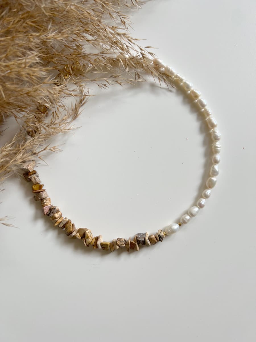 necklaces Jasper and Natural Freshwater Pearl Necklace Sterling Silver 925 with Gilding Choker Аsymmetrically - by LARNEjewellery
