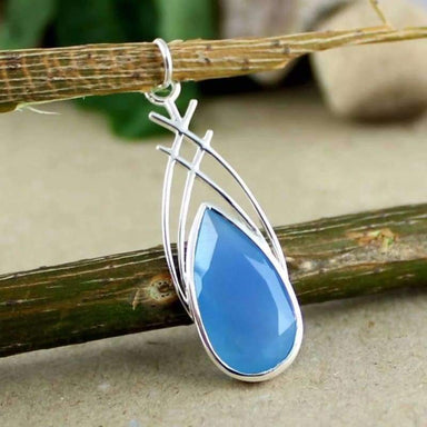 Blue Chalcedony Gemstone Silver Pendant - Necklaces