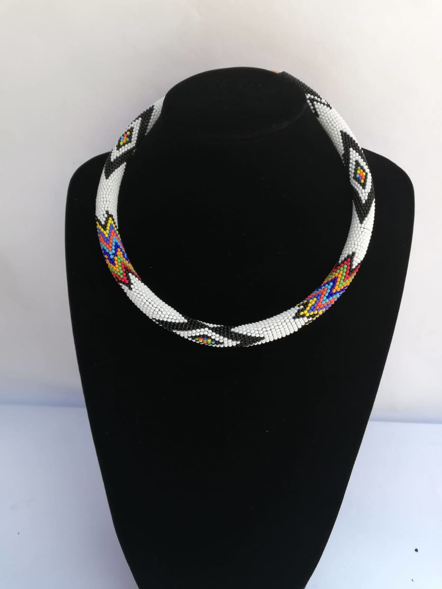 Tribal Beaded Necklace White Beaded Rope Necklace African Zulu Maasai Jewelry - By Naruki Crafts