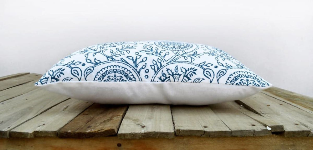 Kalamkari Print Indigo Pillow Cover Blue Cotton Cushion Size Available. - By Vliving