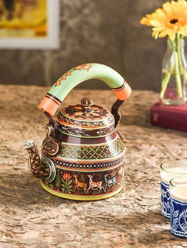 Kaushalam Hand Painted Tea Cettle:tigher With Dear - By Mrinalika Jain
