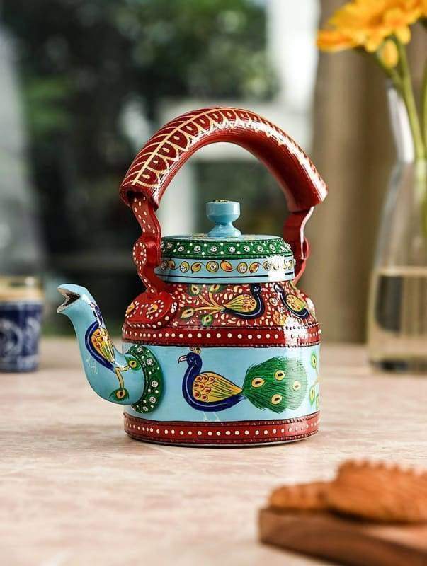 Painted Teapots KAUSHALAM HAND PAINTED TEA KETTLE: NEW PEACOCK DANCE