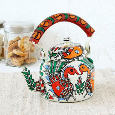 painted teapots Kaushalam Hand Painted Tea Kettle: Peacocks in Madhubani art form Indian tea pot - by Mrinalika Jain