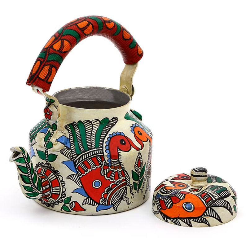 painted teapots Kaushalam Hand Painted Tea Kettle: Peacocks in Madhubani art form Indian tea pot - by Mrinalika Jain