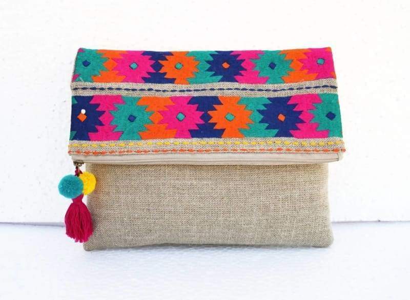 Kilim Moroccan Pattern foldover Clutch in Pure Linen - Bags