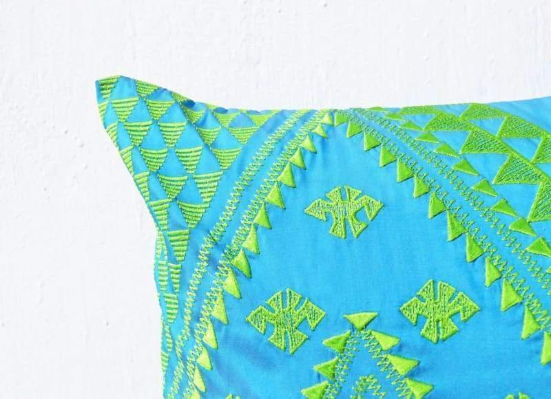 Turquoise and Green KIlim Pattern Embroidered Pillow Cover - Pillows & Cushions