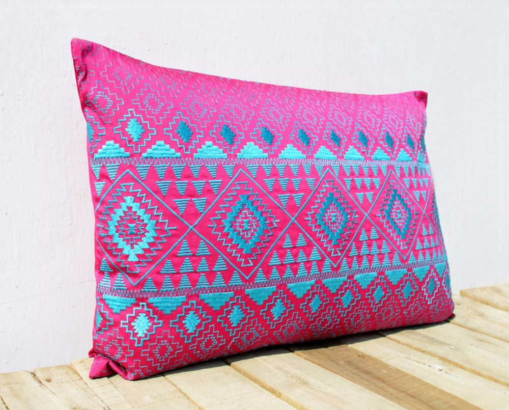 Kilim Pattern Embroidered Pillow Hot Pink And Turquoise Polytafetta Cover Size 14x21 Inch Throw - By Vliving