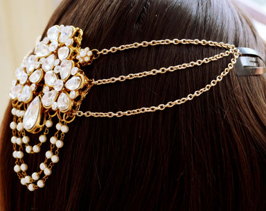 hair accessories Kundan and Pearl Indian Matha Patti Rajasthani Flower Tikka Headpiece - by Pretty Ponytails