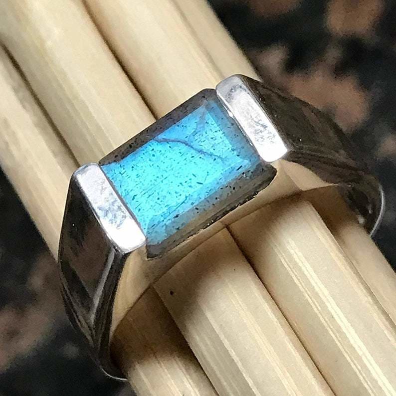 Labradorite Gemstone Mens Ring Handcrafted Solid 925 Silver Man Blue Flash Healing Signet Vintage Gifts - by InishaCreation