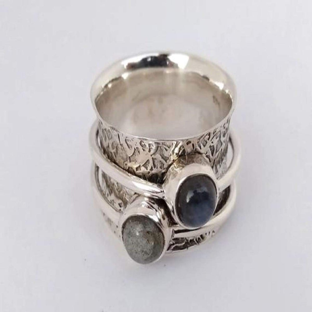 labradorite/lapis lazuli 925 Sterling Solid Silver Spinner Ring Thumb Anxiety Worry Fidget Meditation Jewelry - by Manjari Jewels