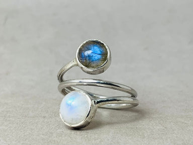 Labradorite and Moonstone Ring 925 Silver Adjustable Handmade Statement Jewelry Rainbow - by Heaven