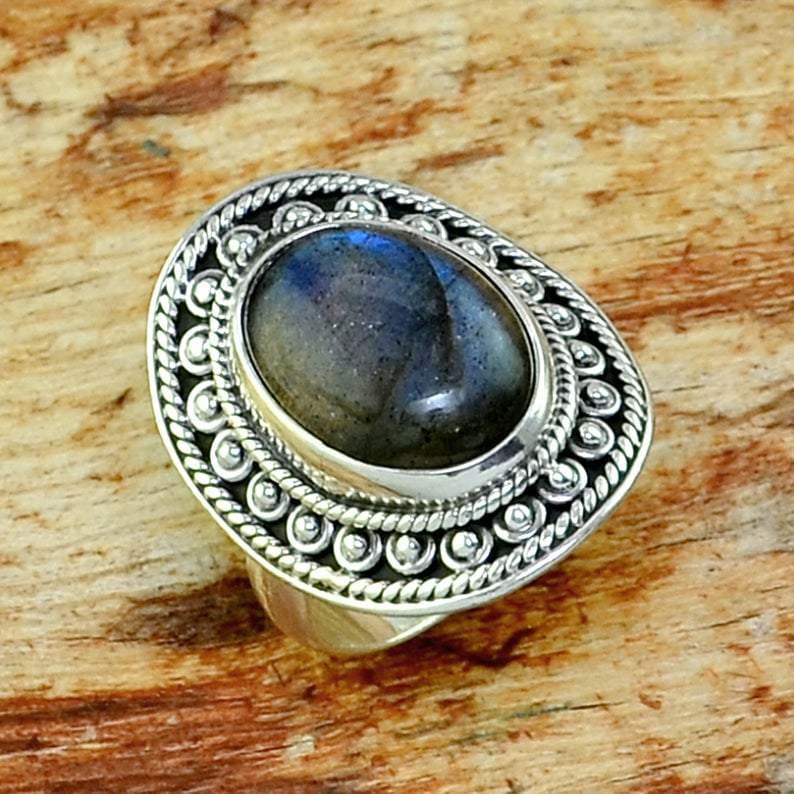 rings Labradorite Oval Shaped 925 Sterling Silver Statement Ring Handcrafted Jewelry For Her - by GIRIVAR CREATIONS