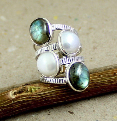 Rings Labradorite & Pearl Chunky Ring,925 Sterling Silver Cocktail Jewelry