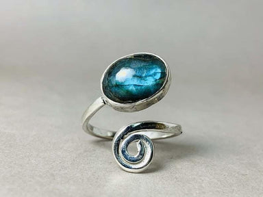 Labradorite Ring 925 Silver Spiral Oval Statement Blue Fire - by Heaven Jewelry