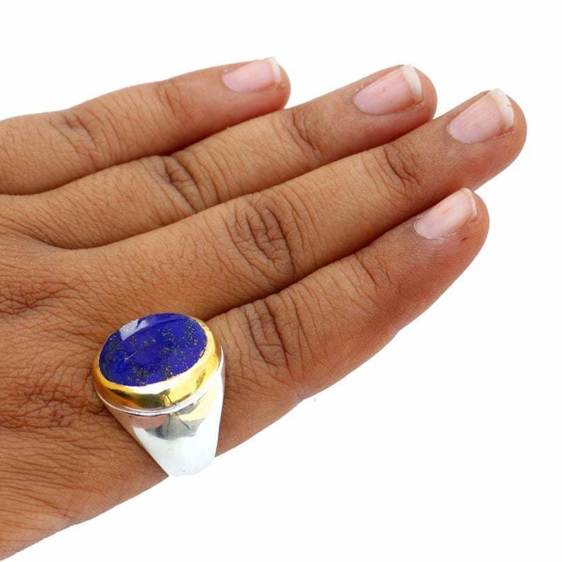 rings Lapis Lazuli Men’s Two Tone Solid 925 Silver Ring Handcrafted Engagement Jewelry Anniversary Gift - by InishaCreation