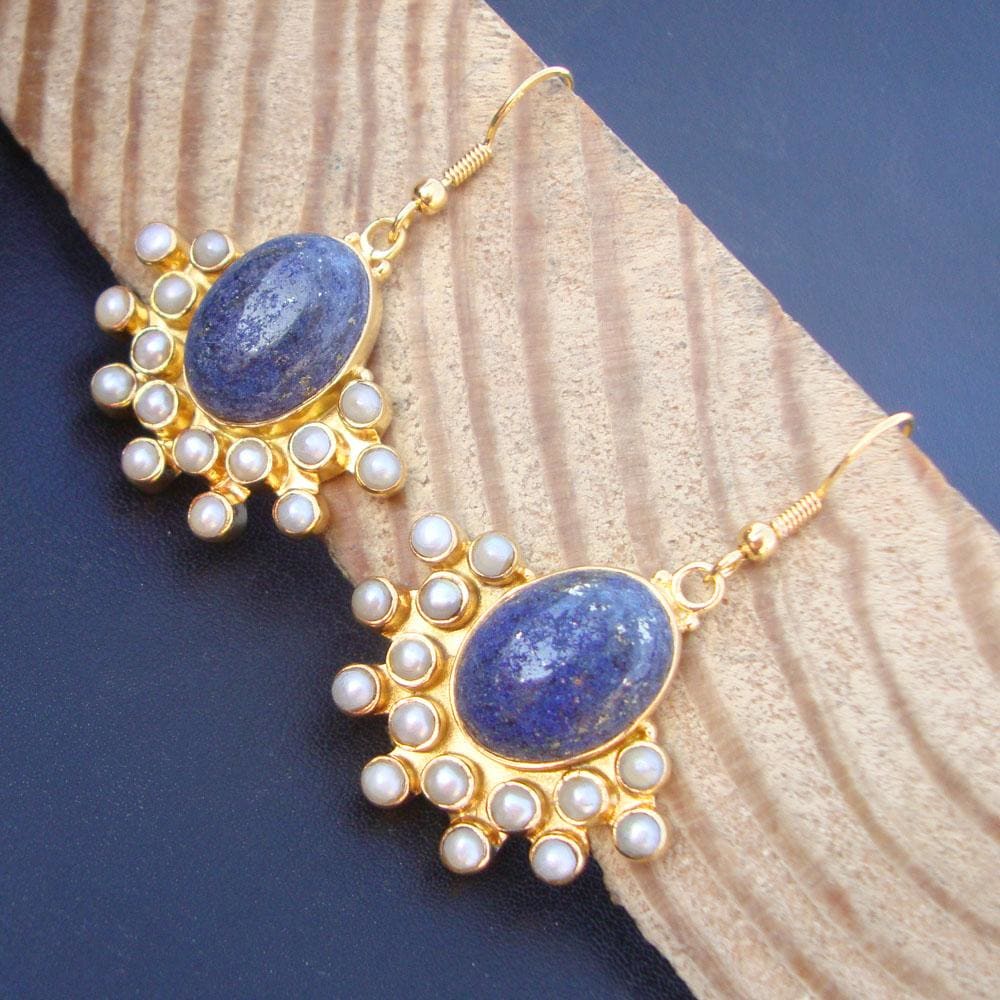 earrings lapis lazuli and pearl earring blue stone oval shape wedding handmade Gold Plated 925 sterling silver mom gift - by Vidita Jewels