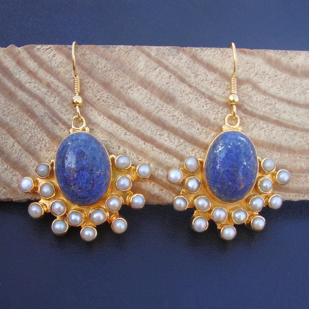 earrings lapis lazuli and pearl earring blue stone oval shape wedding handmade Gold Plated 925 sterling silver mom gift - by Vidita Jewels