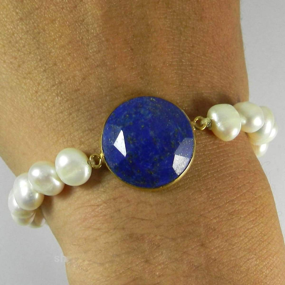 Bracelets Lapis Lazuli and Pearl Smooth Beads Silver Stretchable Bracelet Jewelry