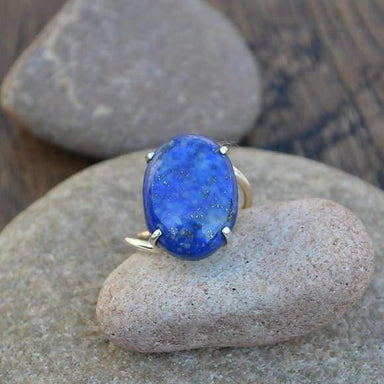 Rings Lapis Ring - Large Lazuli -Lapis - Prong Set - 925 Sterling Silver - Gemstone- Yellow Gold