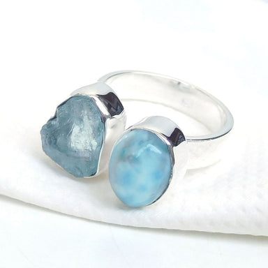 rings Larimar & Aquamarine Adjustable Ring Natural Gemstone Handmade Silver gemstone - by Adorable Craft