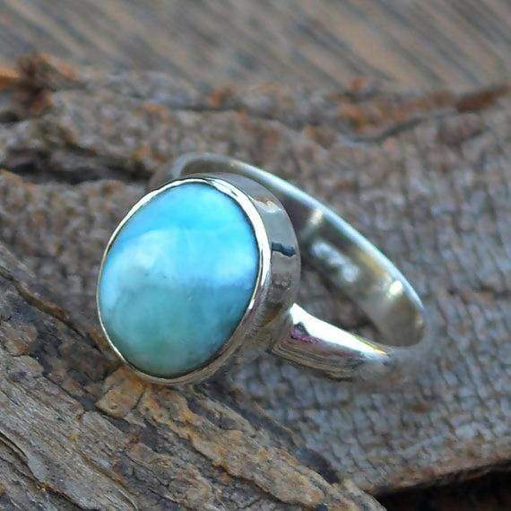 Rings Larimar Gemstone Ring -Dominican -925 Sterling Silver and -Genuine -Oval Cab Bezel Jewelry - by NativeFineJewelry