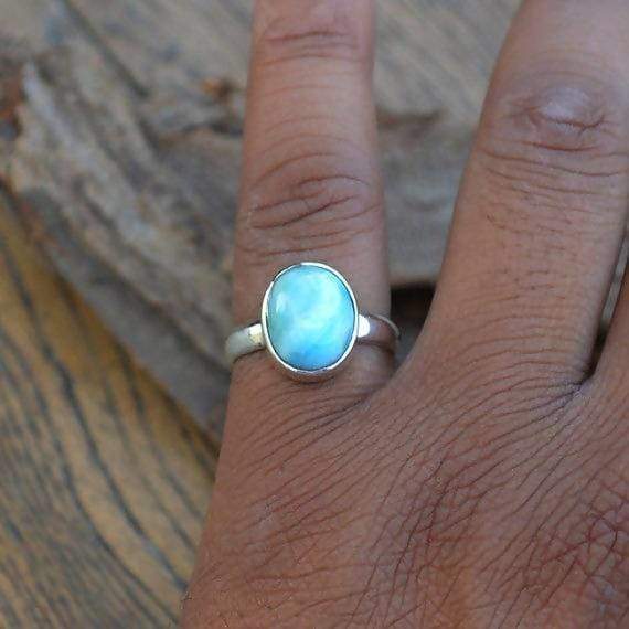 Rings Larimar Gemstone Ring -Dominican -925 Sterling Silver and -Genuine -Oval Cab Bezel Jewelry - by NativeFineJewelry