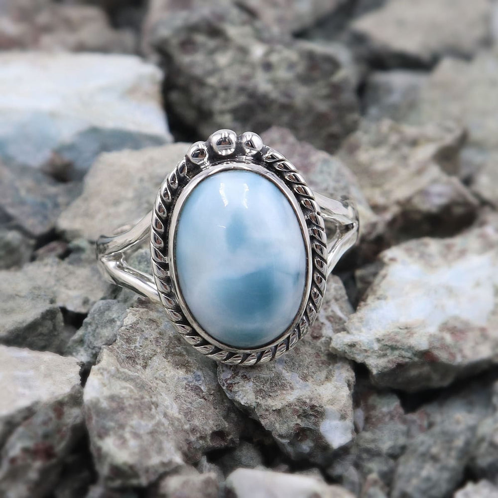 Larimar Ring Blue Natural Gemstone 925 Sterling Silver Cabochon Best Gift For Her And Him - By Rajtarang