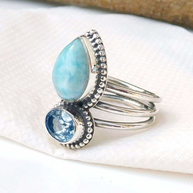 rings Larimar Ring Natural & Blue Topaz 925 Sterling Silver Multi Stone Ring,Nickel Free Handmade Jewelry - by Adorable Craft