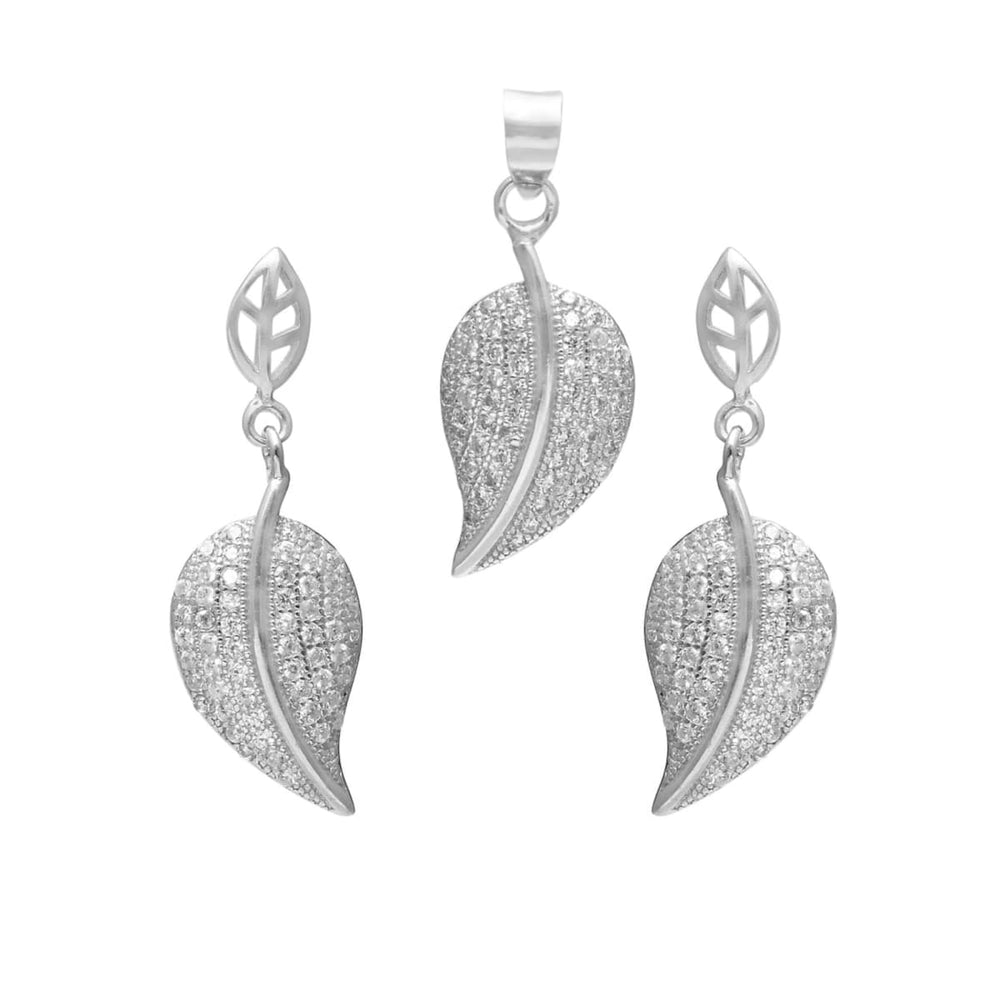 Leaf Design Zircon Gemstone 925 Sterling Silver Pendant Earrings Handmade Set - by Vidita Jewels