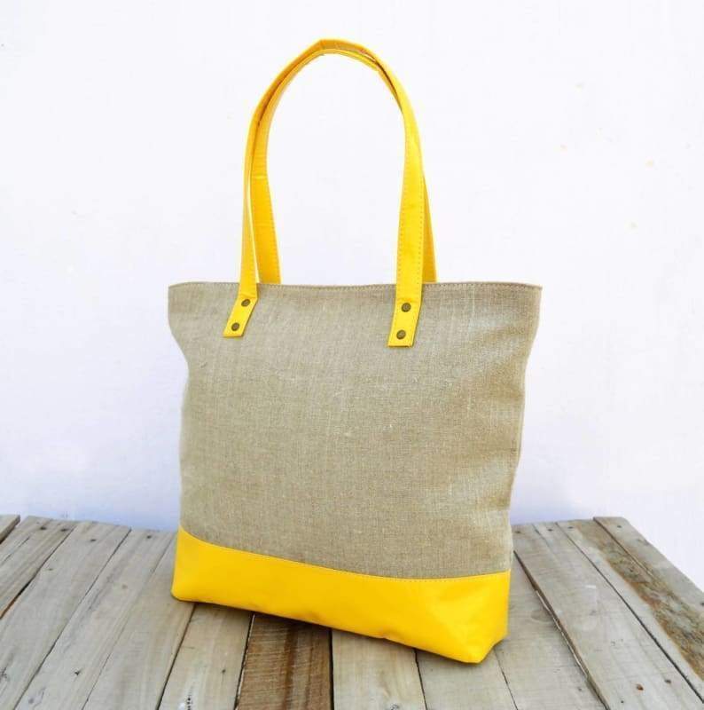 Linen and faux leather tote bag natural with yellow classic everyday bag. - Bags