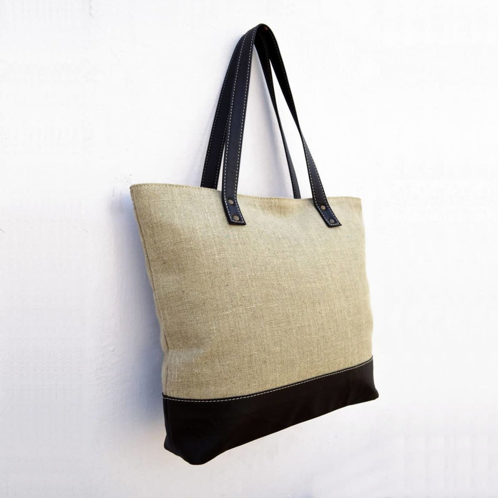 Linen And Faux Leather Tote Bag Natural With Brown Classic Everyday Bag. - By Vliving