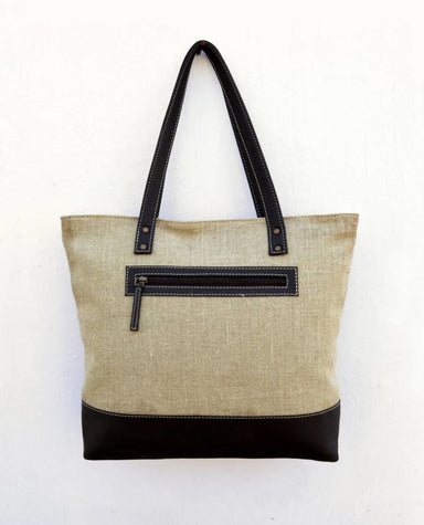 Linen And Faux Leather Tote Bag Natural With Brown Classic Everyday Bag. - By Vliving