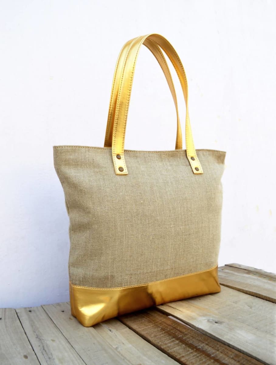 Linen And Faux Leather Tote Bag Natural With Gold Classic Everyday Bag. - By Vliving