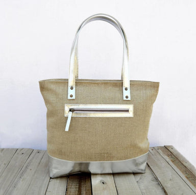 Linen And Faux Leather Tote Bag Natural With Silver Classic Everyday Bag. - By Vliving
